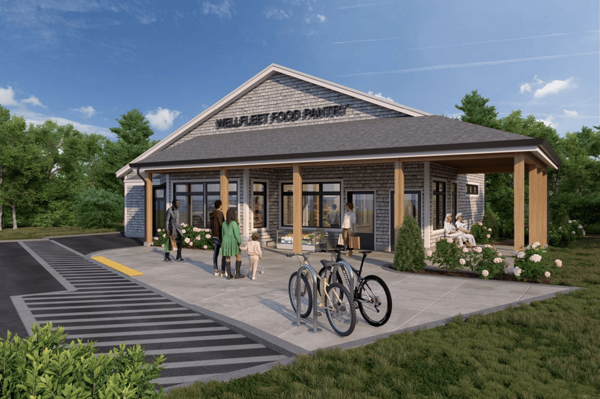 rendering of a shingle style single story building with a covered porch and stone paver patio