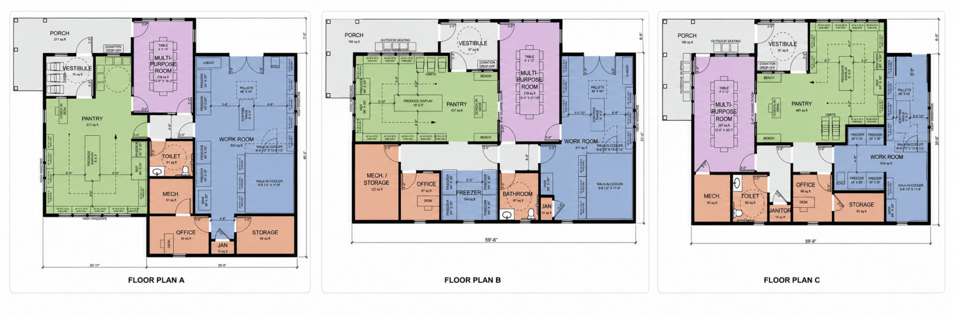 Side by side comparison of three floor plans for a food pantry